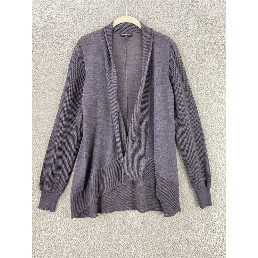Eileen Fisher Cardigan Womens M Purple Gray Wool Metallic‎ Open Front Lagenlook